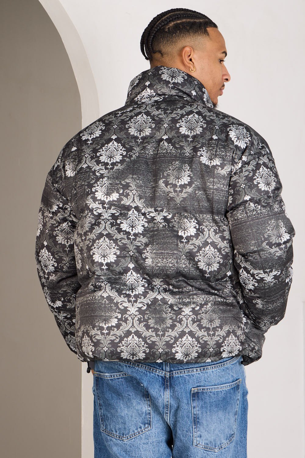 Green baroque-print puffer jacket