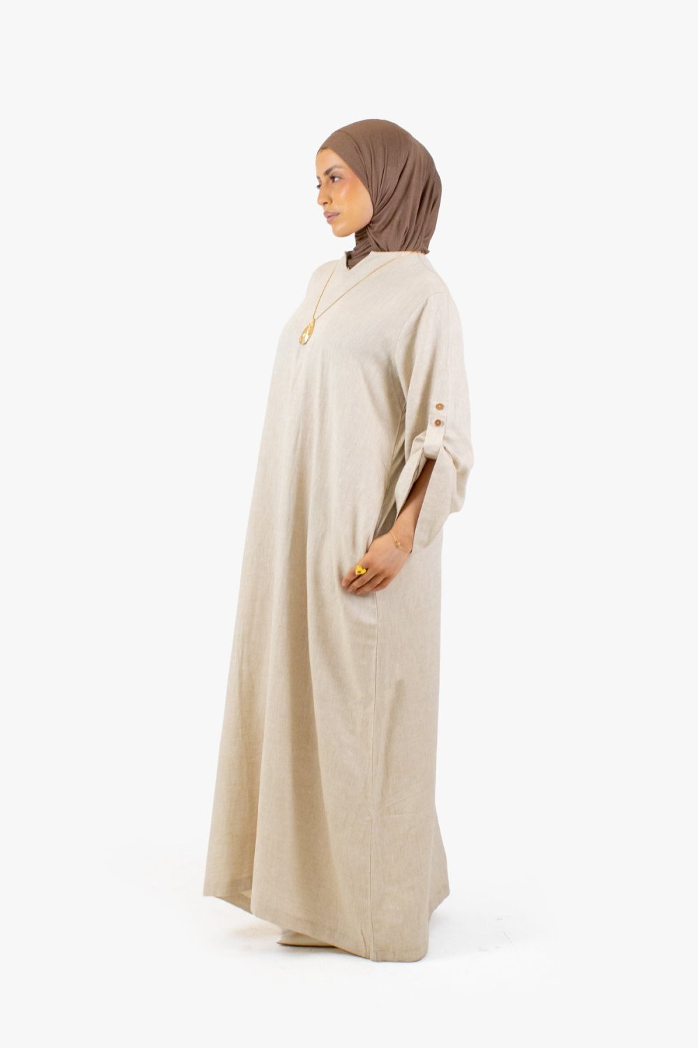 Button-sleeve linen cotton abaya - Beige