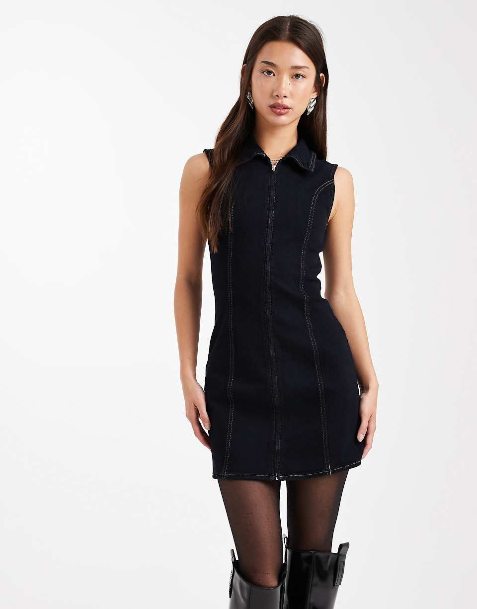 Robe courte en jean à zip avec col - Noir délavé