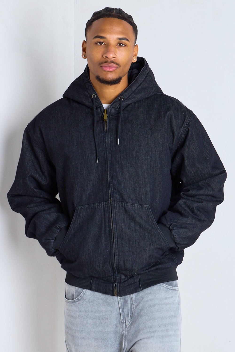 Black hooded padded-lined denim jacket
