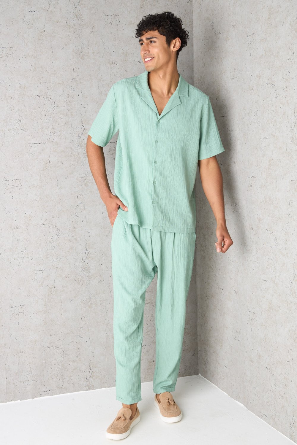 Turquoise textured shirt and trousers set