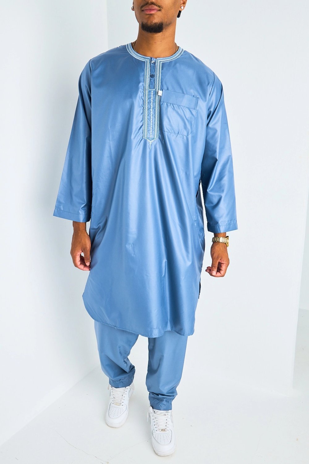 Light blue Aztec print qamis and trousers set