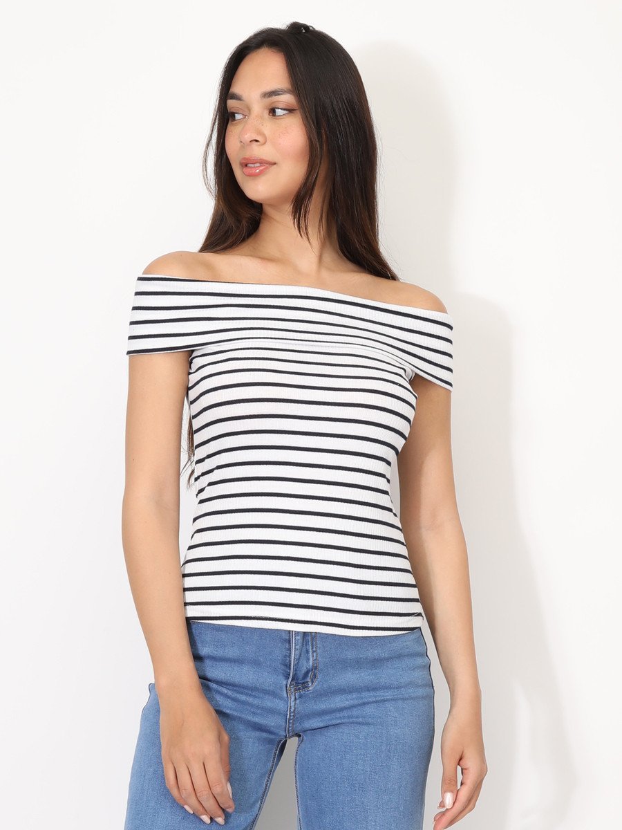 White and blue striped bardot top