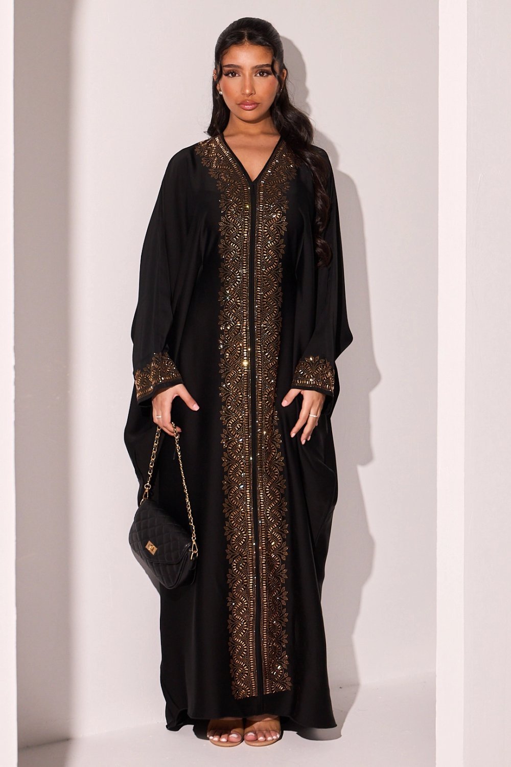 Abaya noire à strass dorés rectangulaires