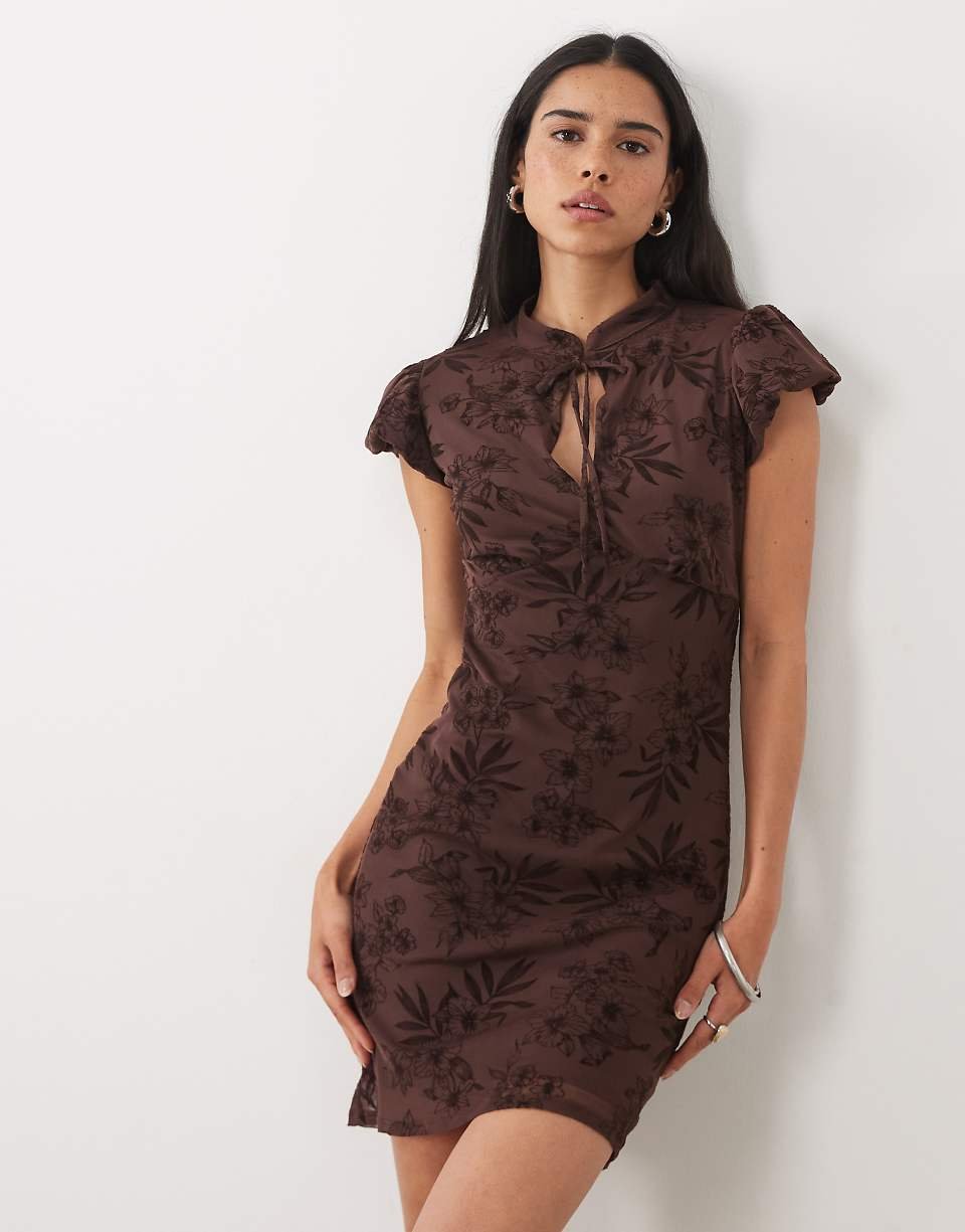Robe courte à col mao avec détail goutte d'eau floqué, marron foncé