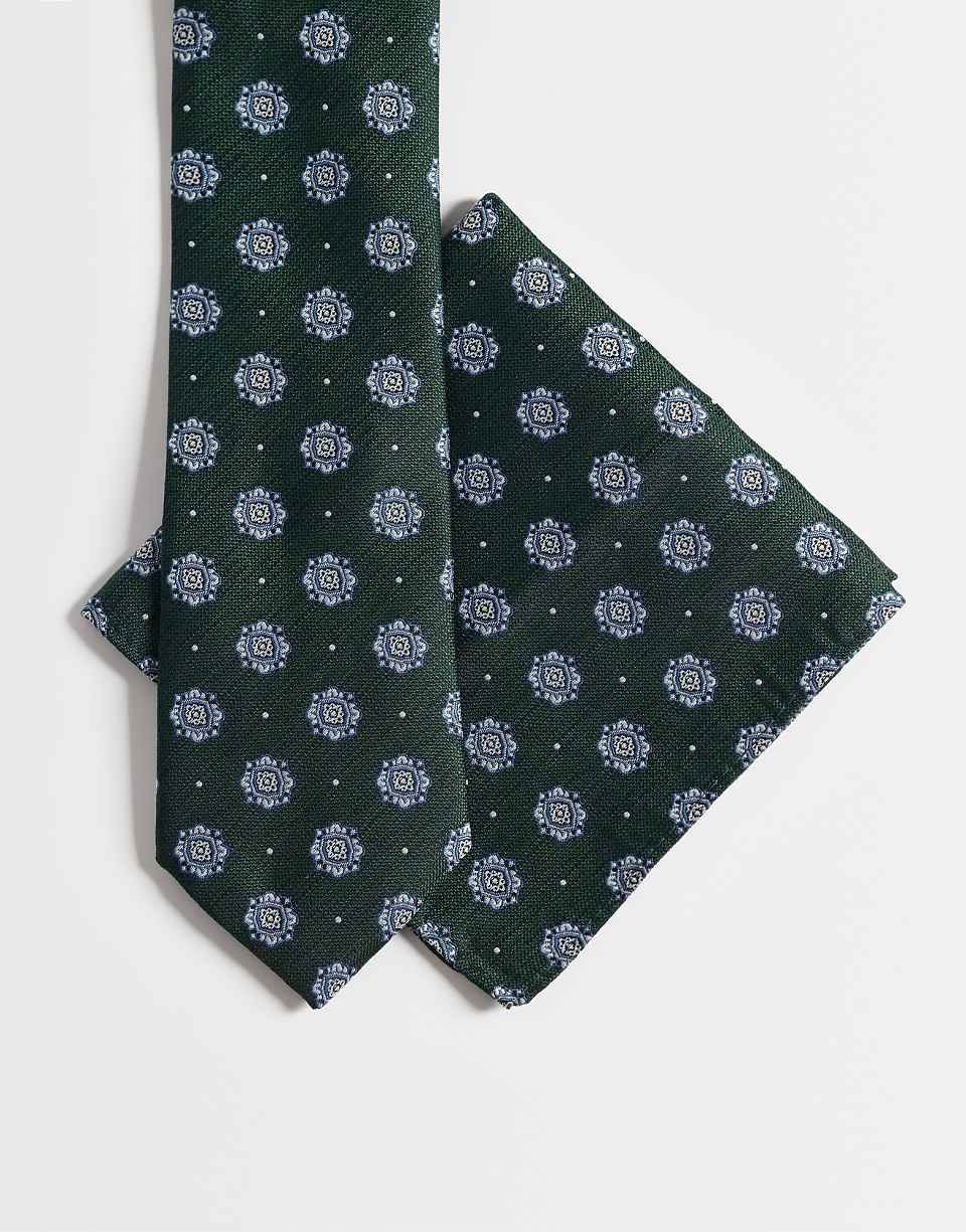 Cravate et pochette à imprimé vintage en vert