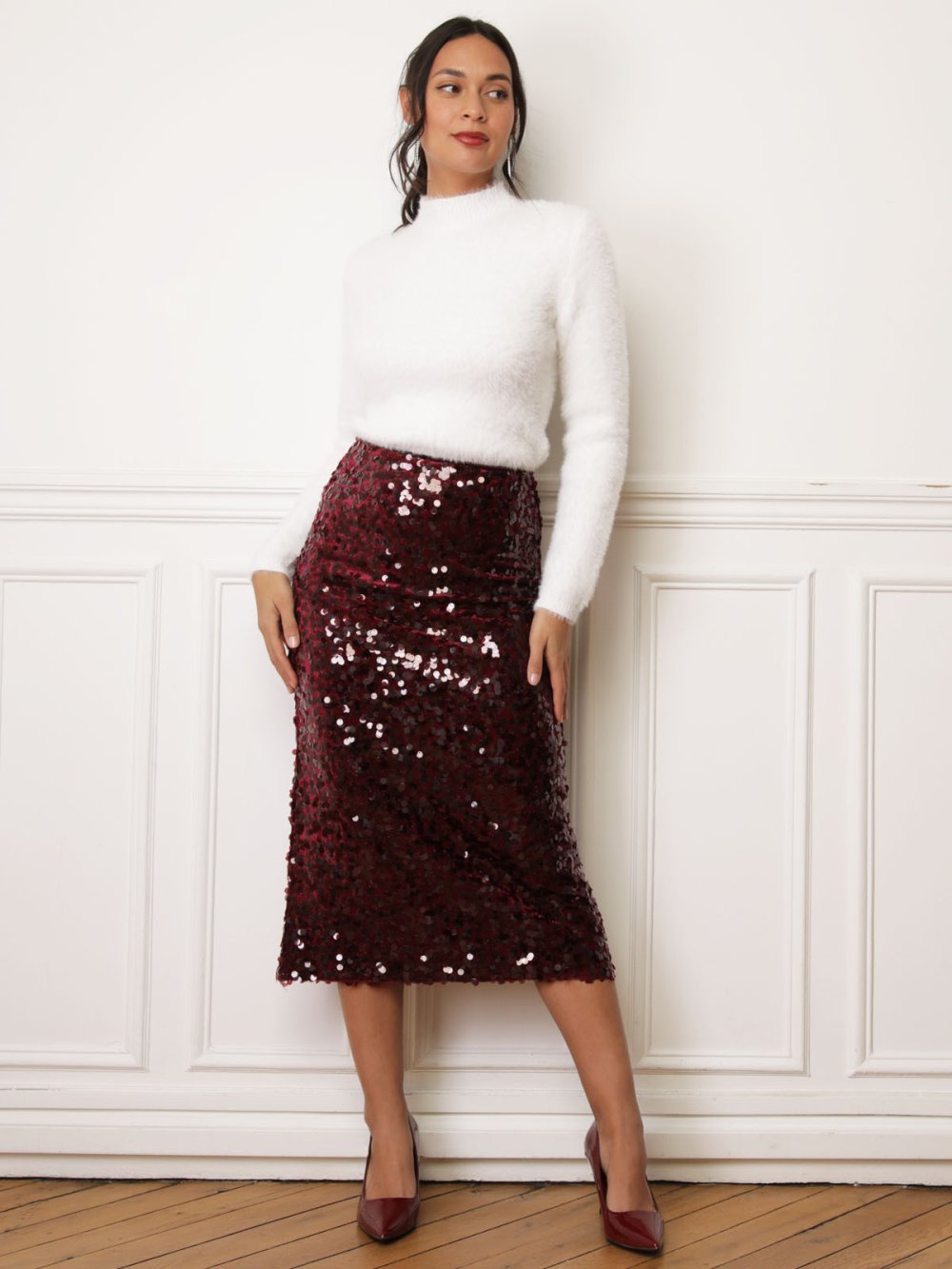Burgundy velvet sequin midi skirt