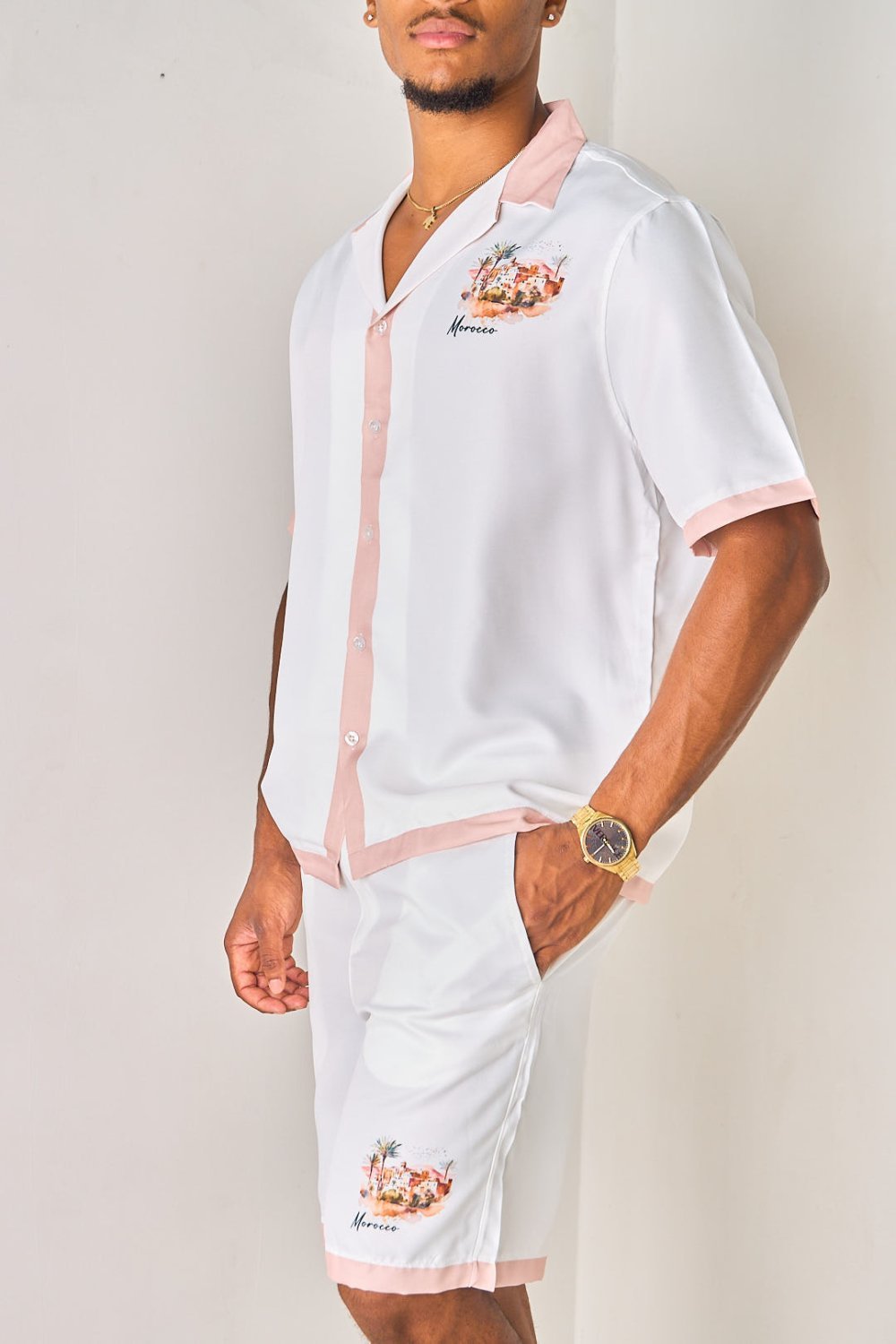 Beige Morocco print shirt and shorts set