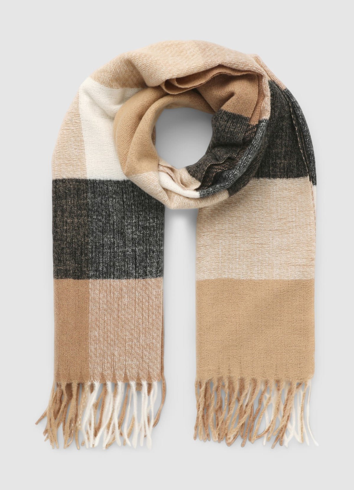 Large-check fringed scarf