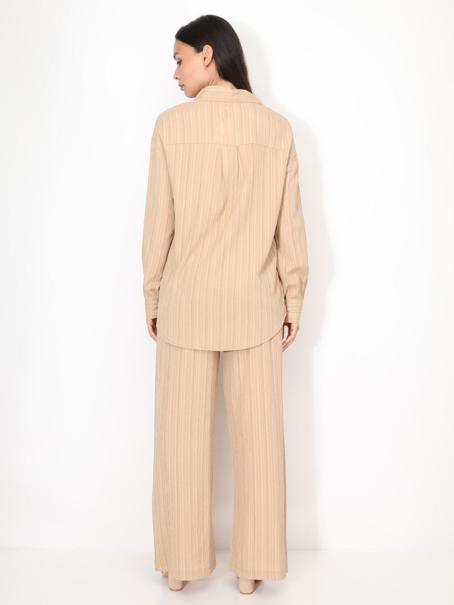 Taupe pleated long shirt and trousers set