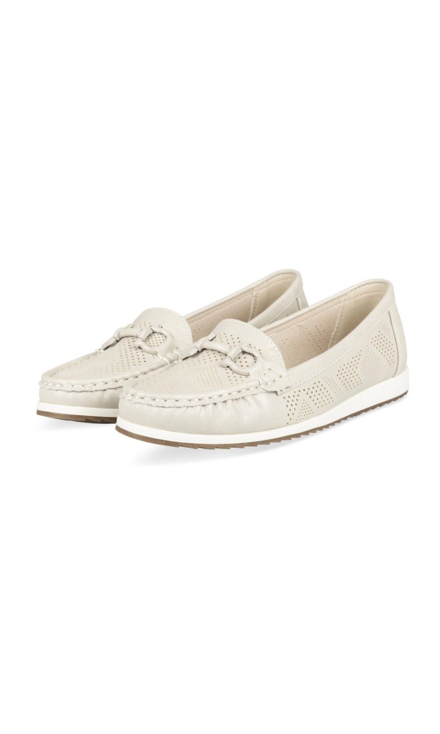 Beige perforated horsebit loafers