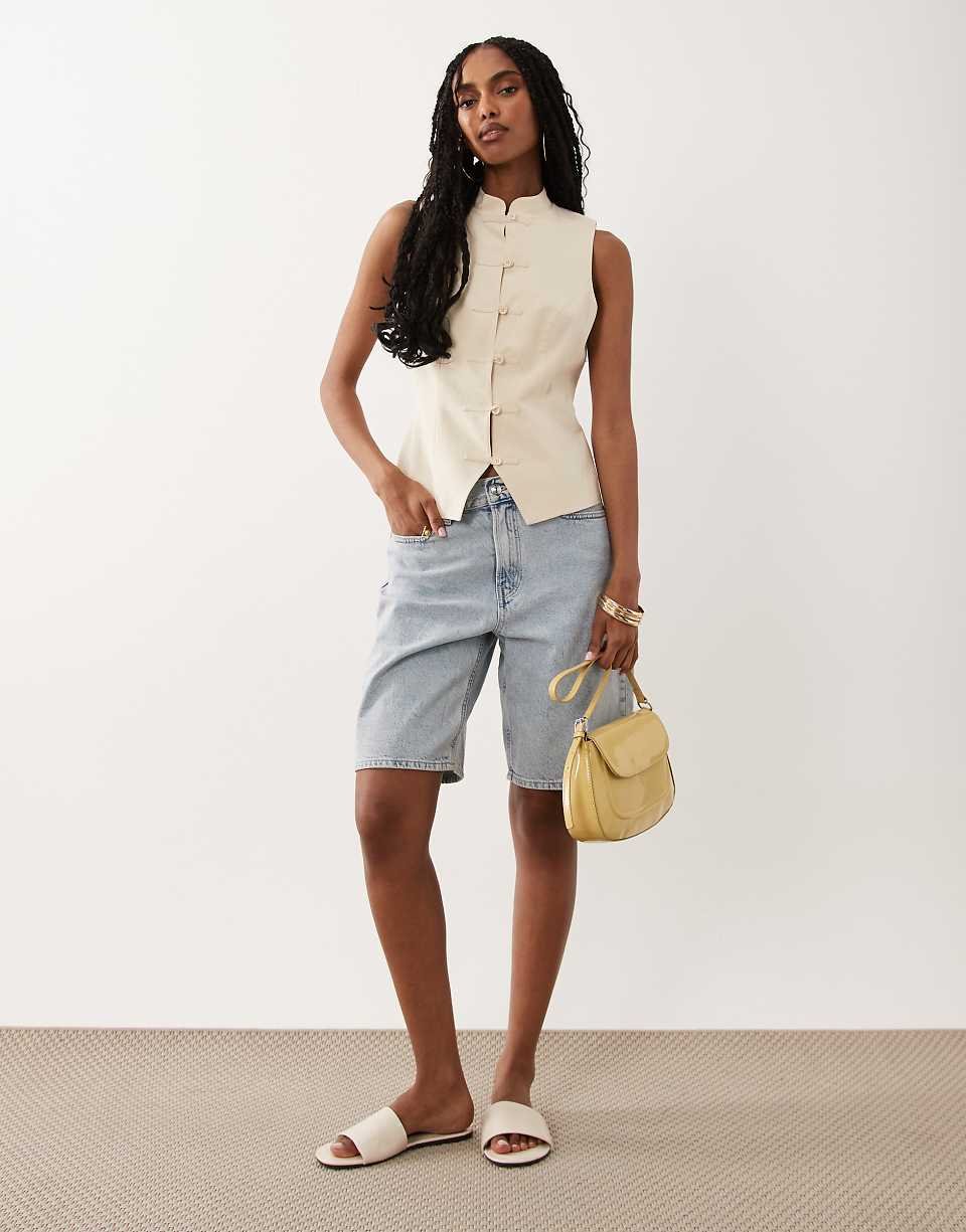 Linen-blend tank top with mandarin collar - Ivory