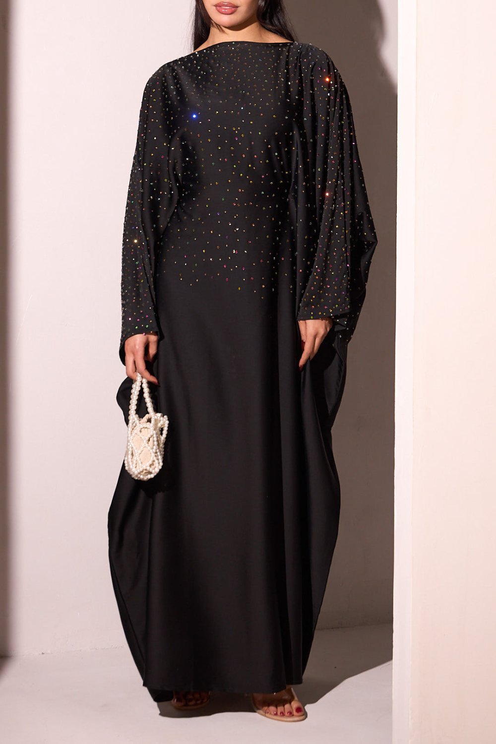 Abaya satinée b strass mlwnin w voile k7la