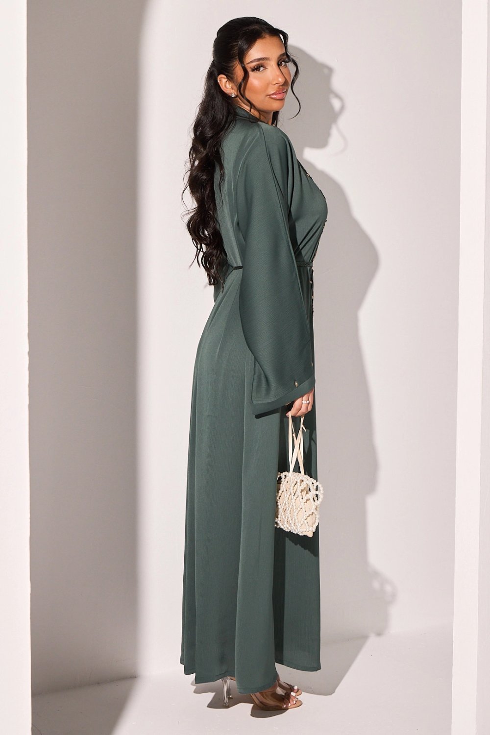 Abaya à strass en fleurs vert-gris