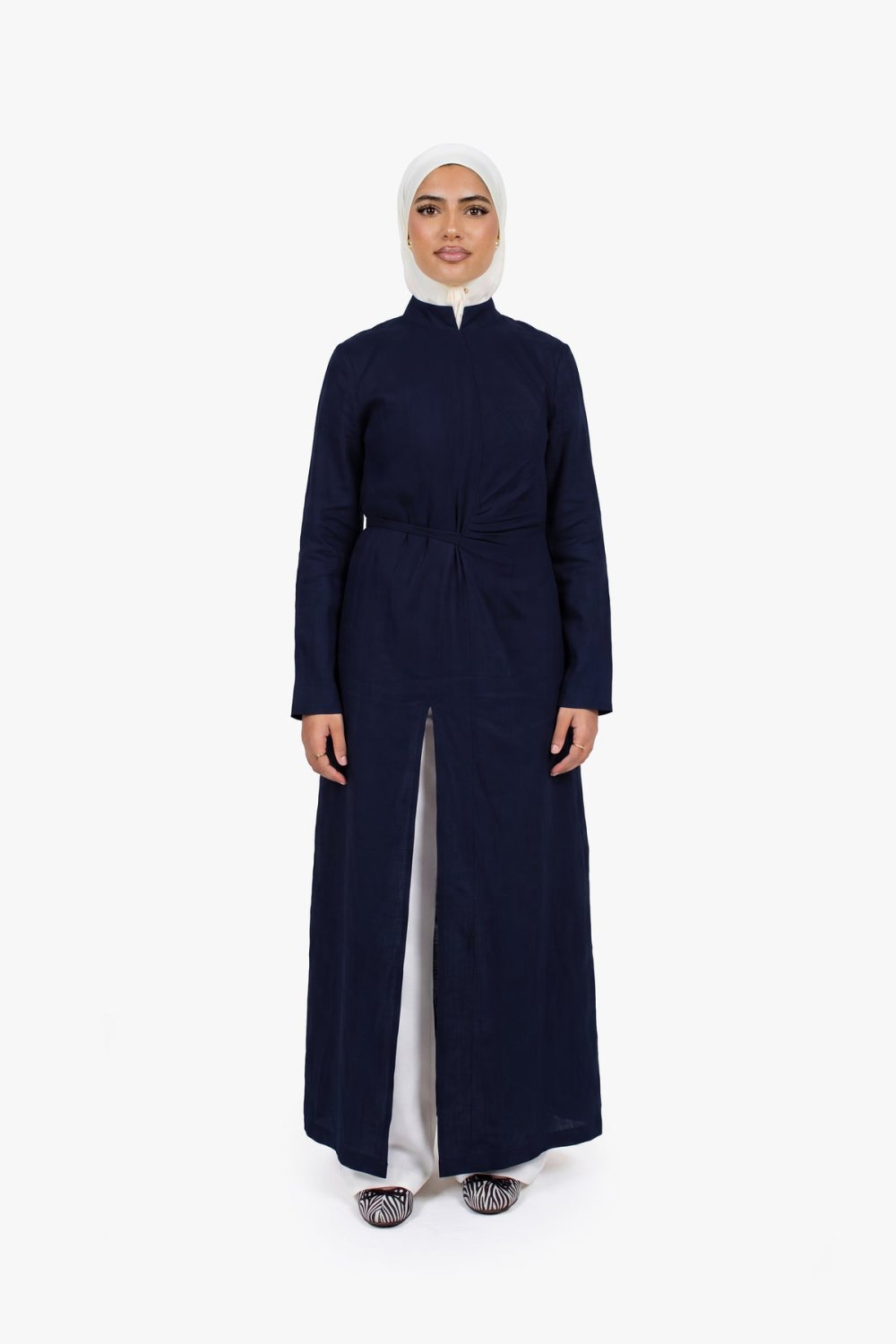 Robe longue fendue en lin et coton - Bleu marine