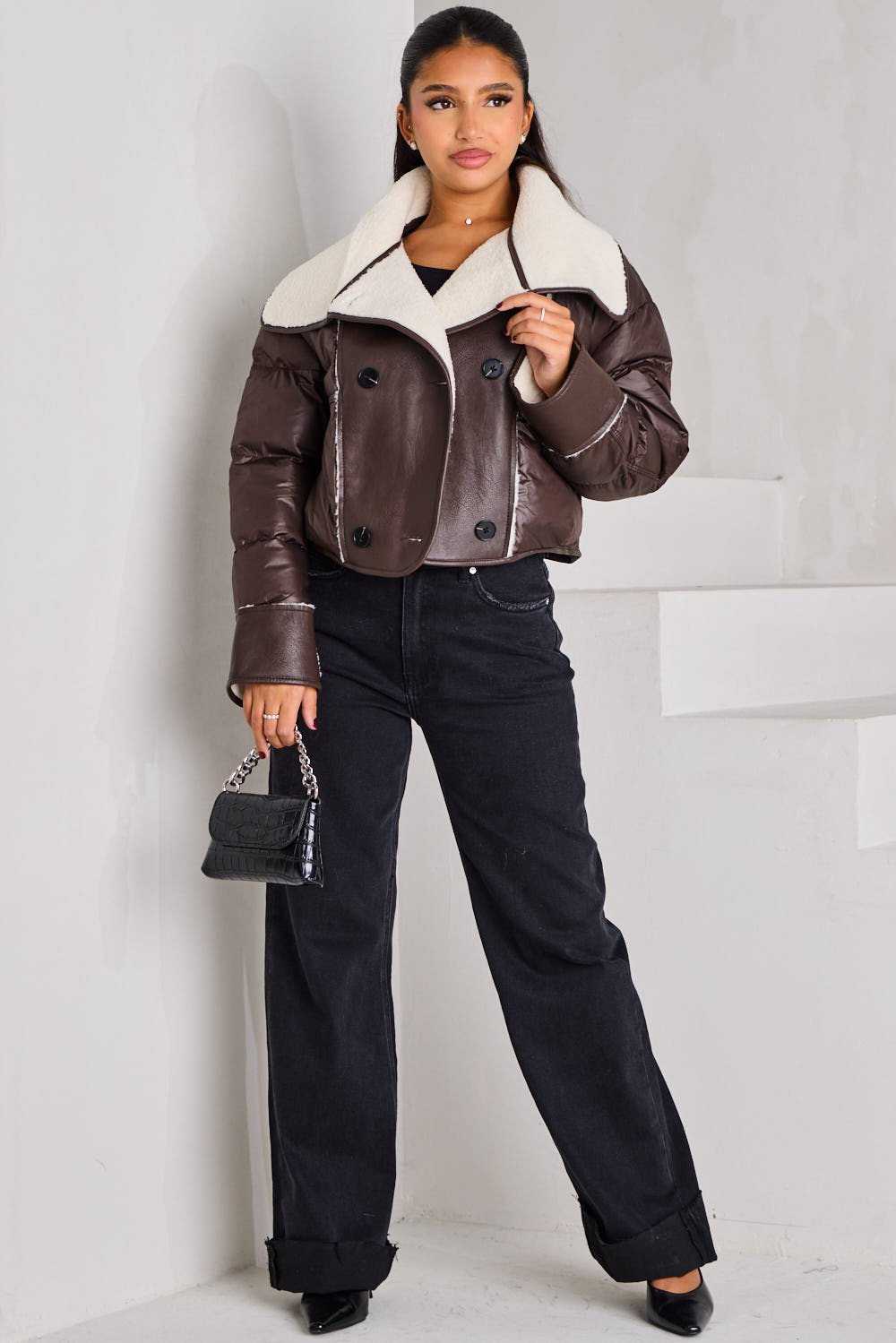 Veste courte texturée col fourrure marron