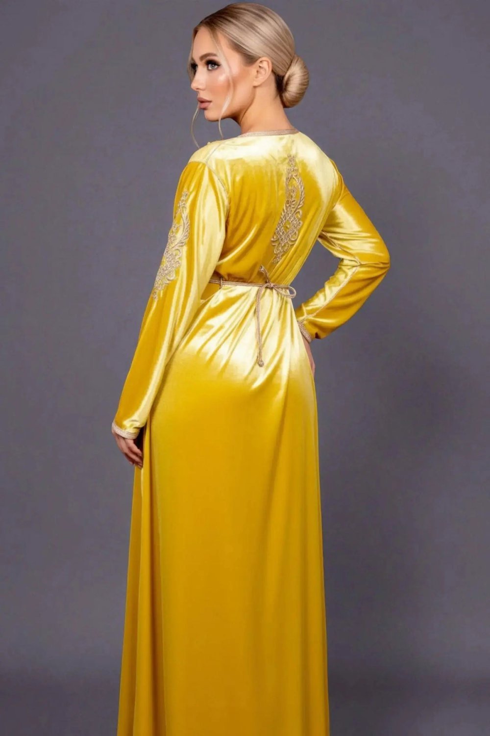 Mustard velvet kaftan embroidered front and back
