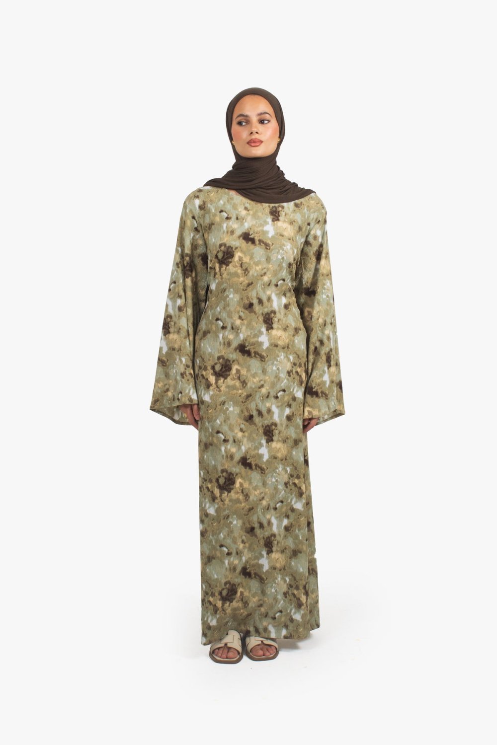 Wide-sleeve print abaya - Khaki
