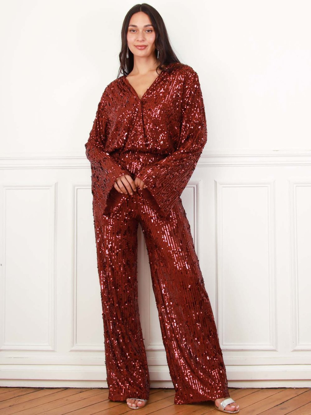 Pantalon large à sequins bordeaux