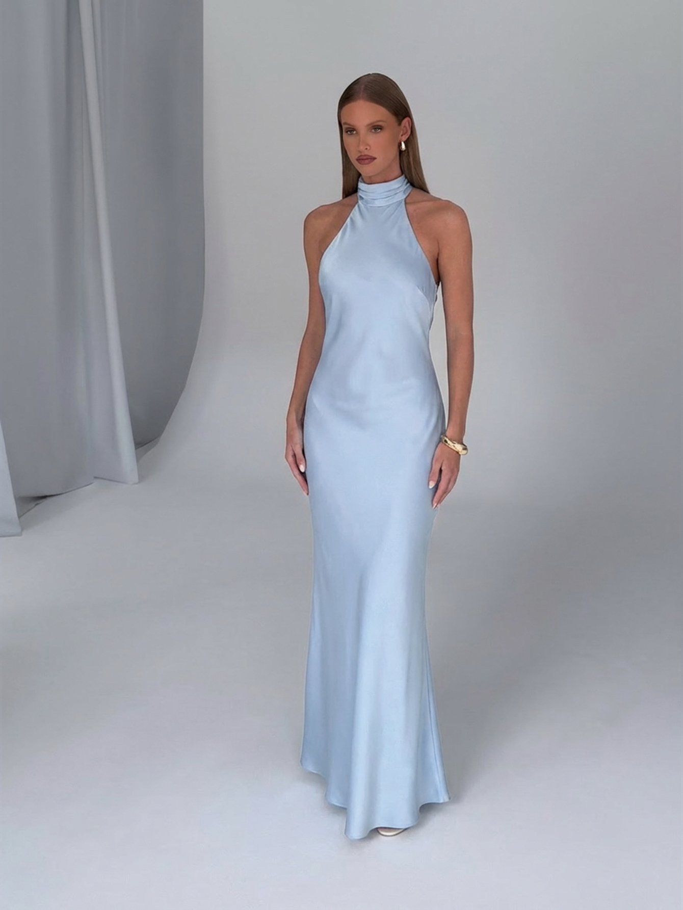 Robe De Soirée Longue En Satin À Col Ras-Du-Cou