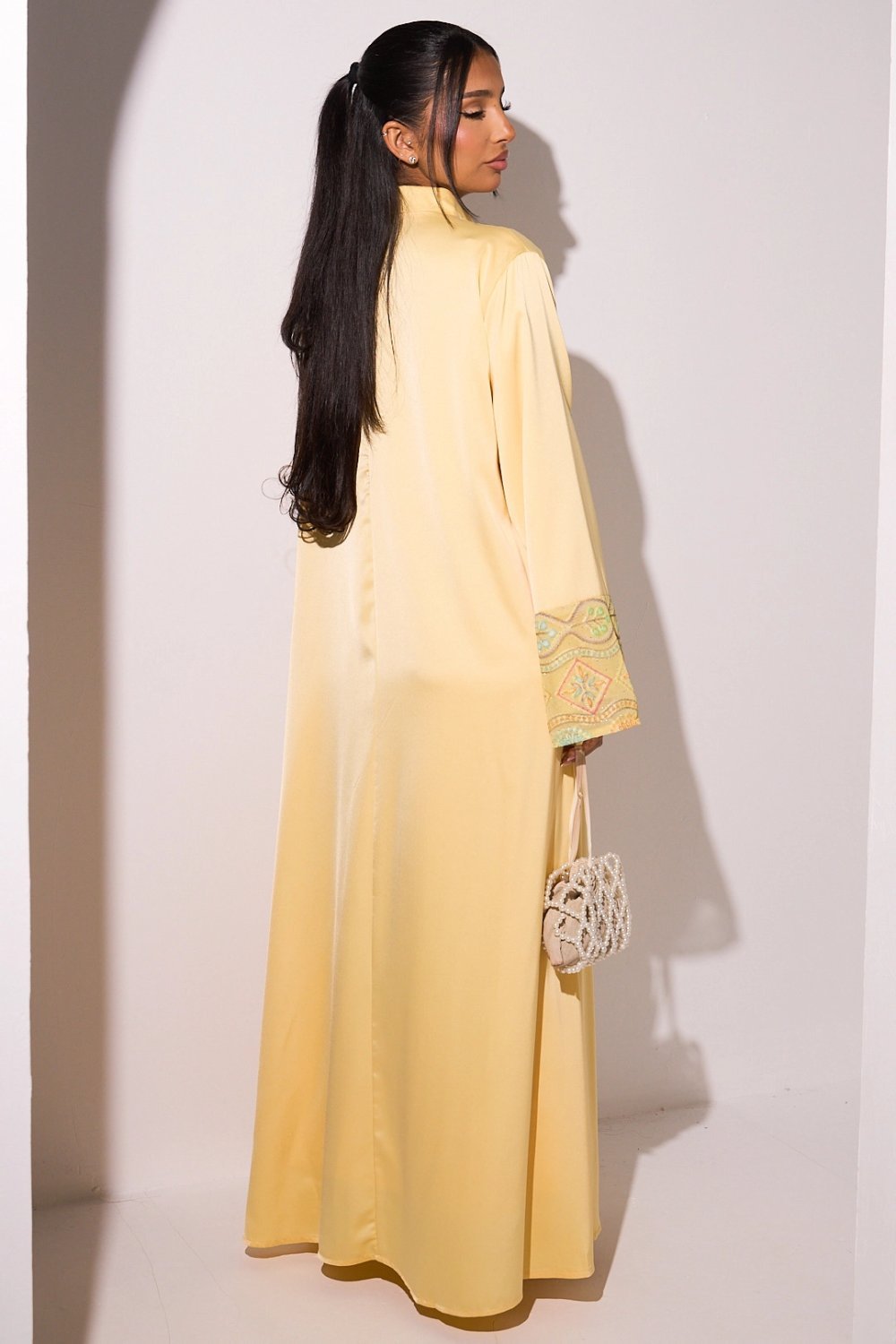 Yellow V-neck abaya with rhinestones