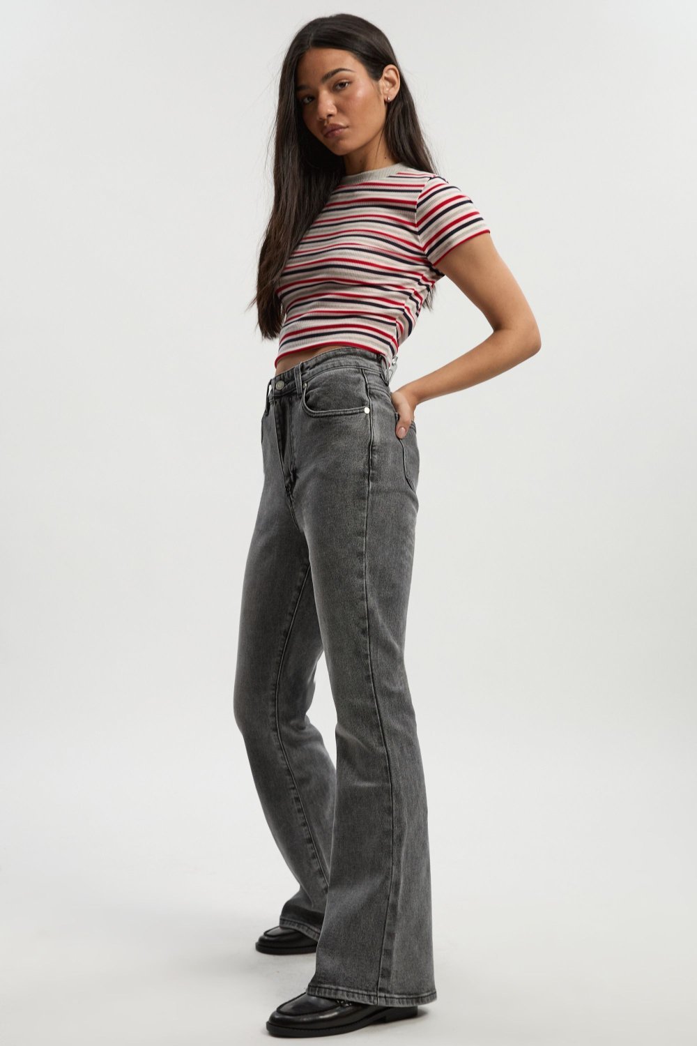 Grey high-waisted flared jeans