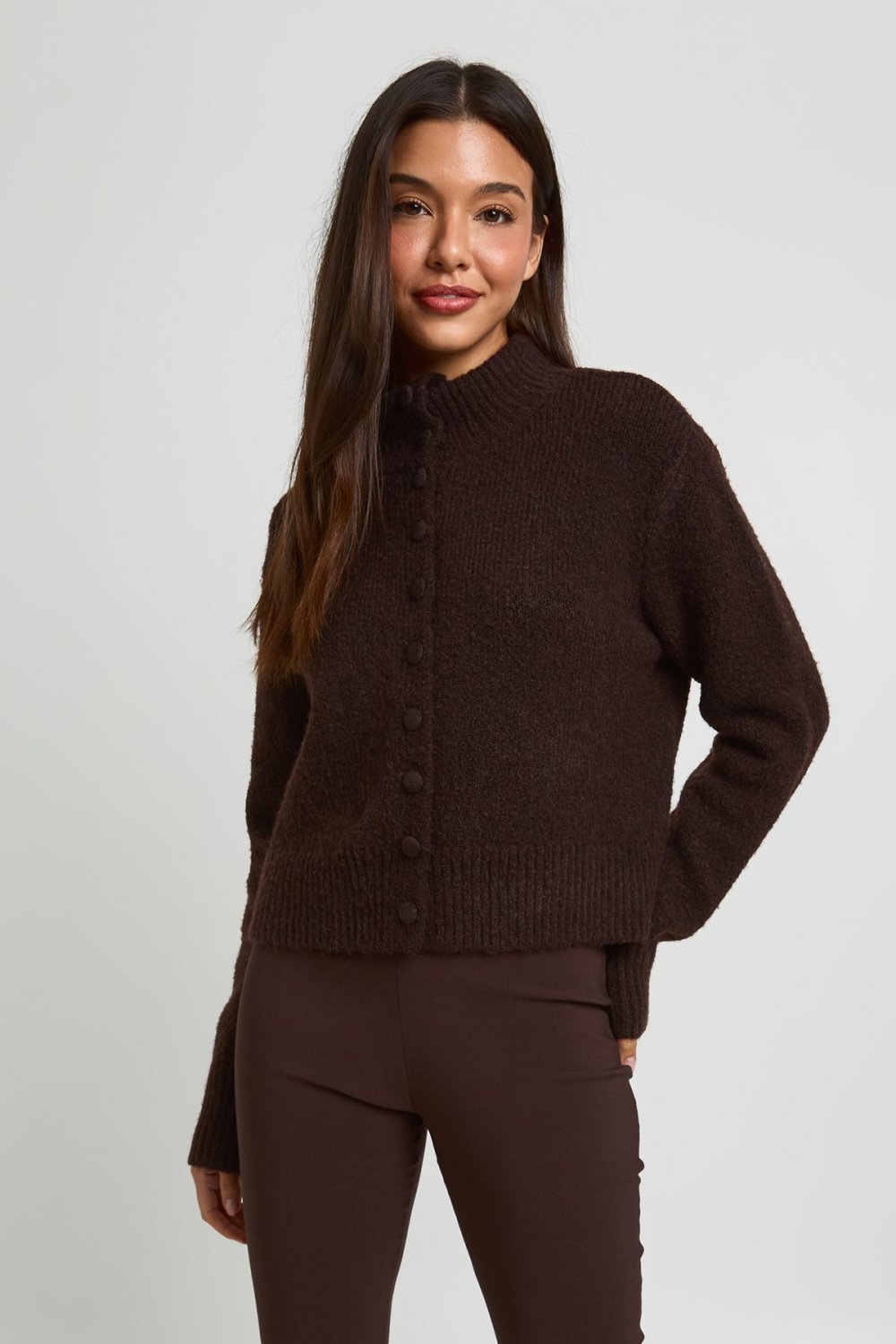 Chocolate high-neck button-up cardigan