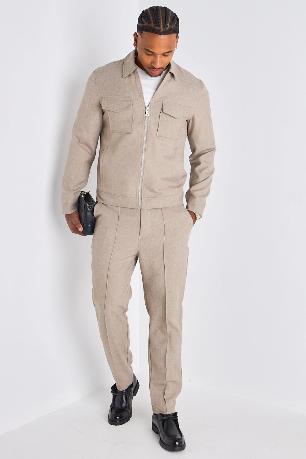 Beige jacket and straight trousers set