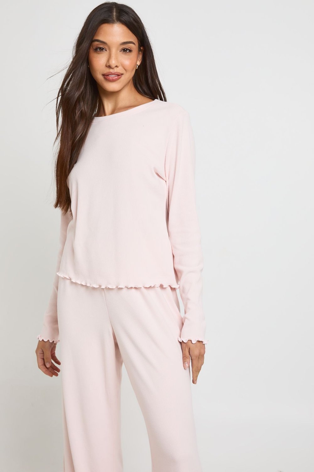 Ribbed top and trouser pyjama set with lettuce hem