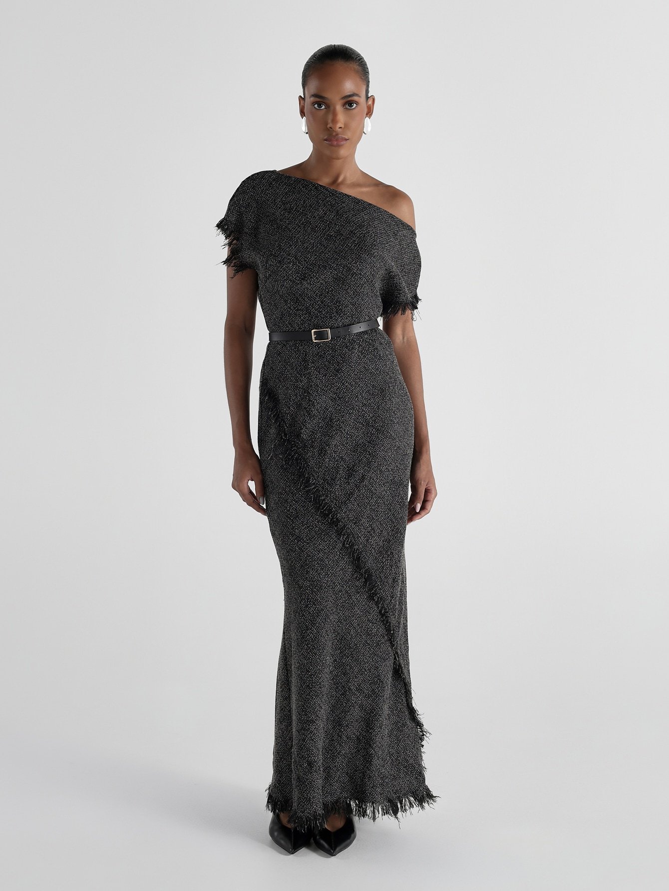 Kstm Formal One Shoulder Tweed Evening Dress With Fringe Trim