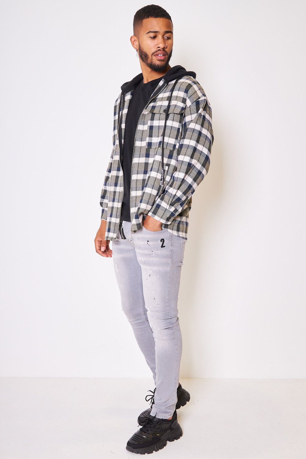 Green checked hooded jacket