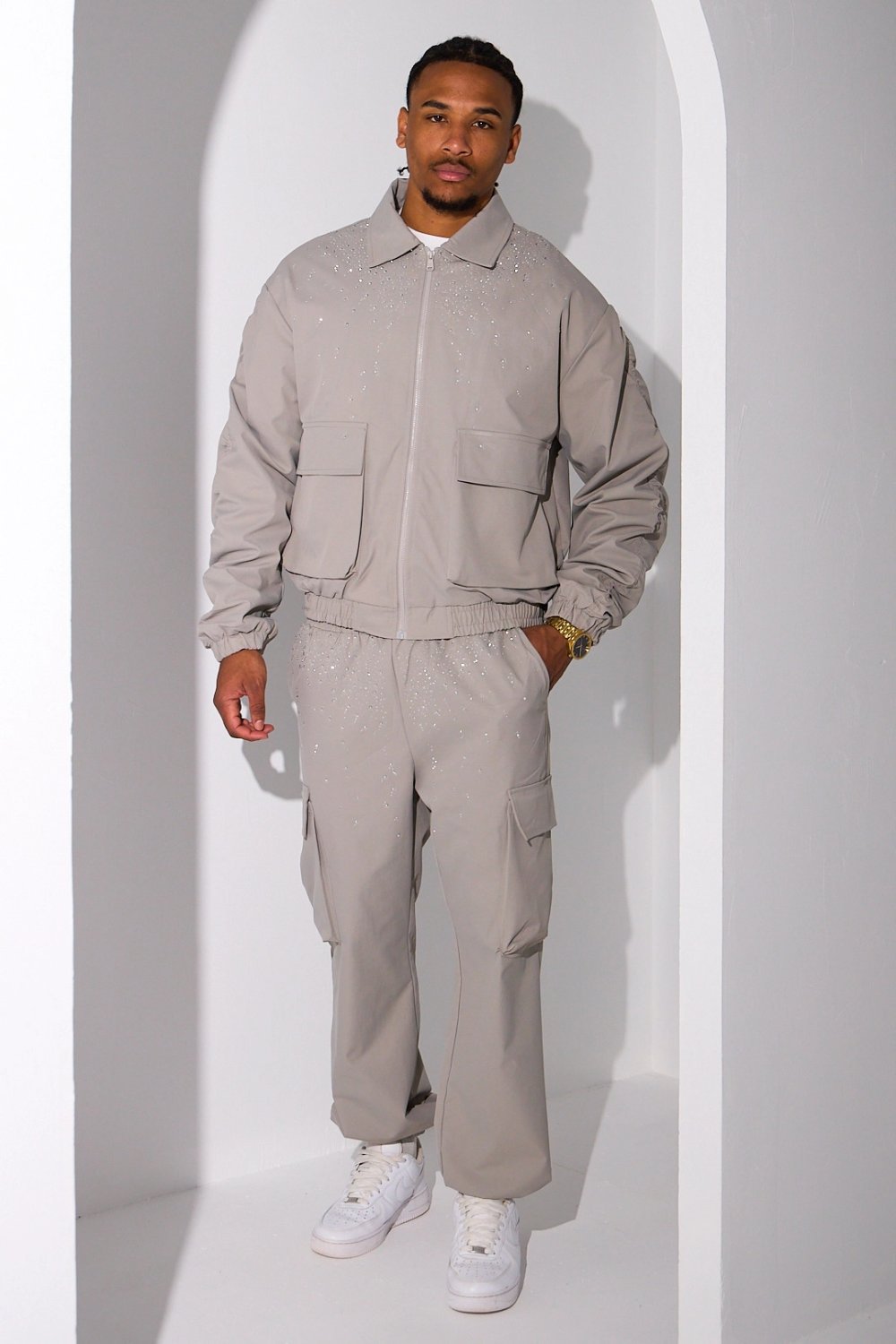 Beige rhinestone jacket and cargo joggers tracksuit