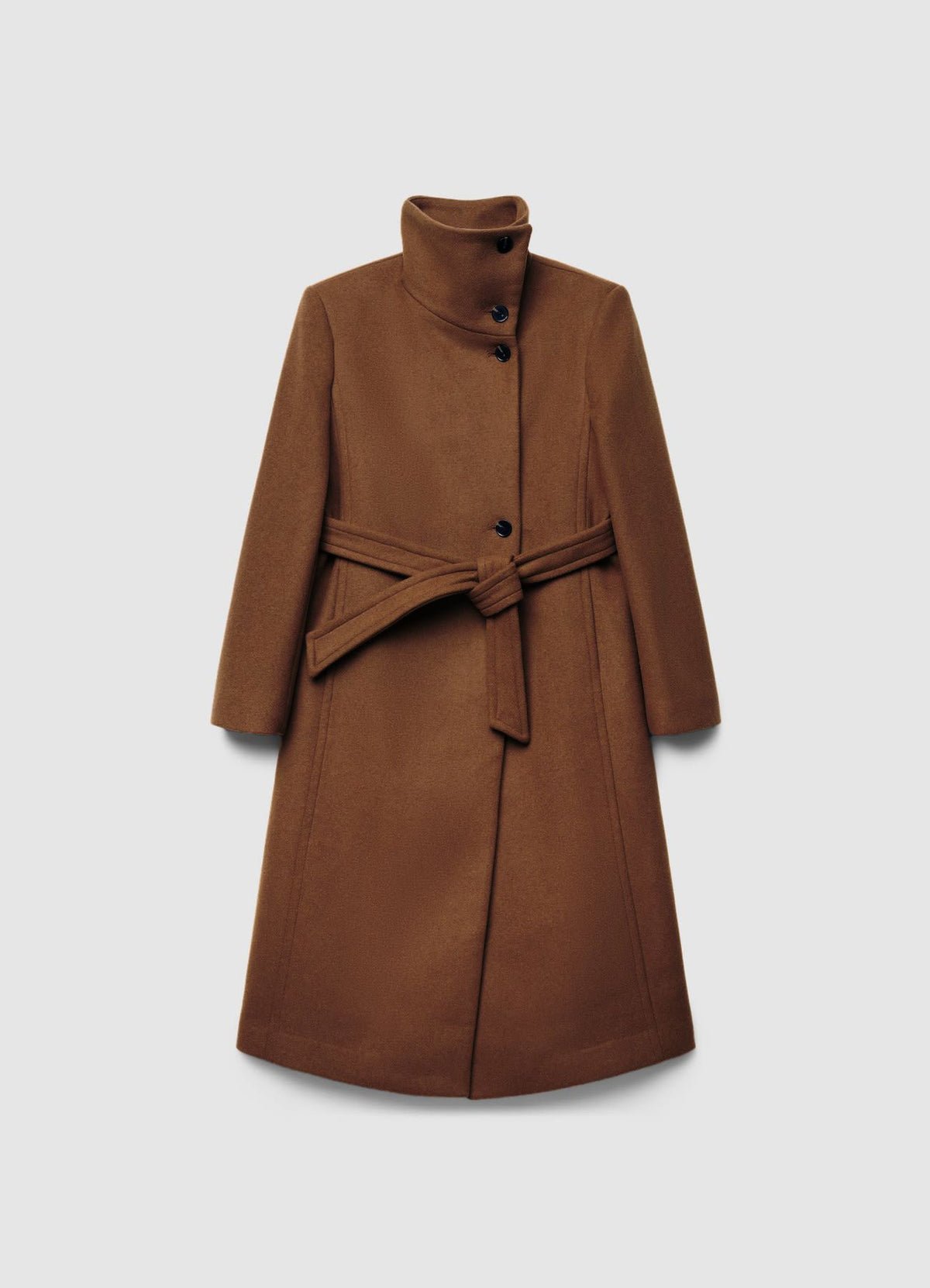 Long funnel-neck belted coat