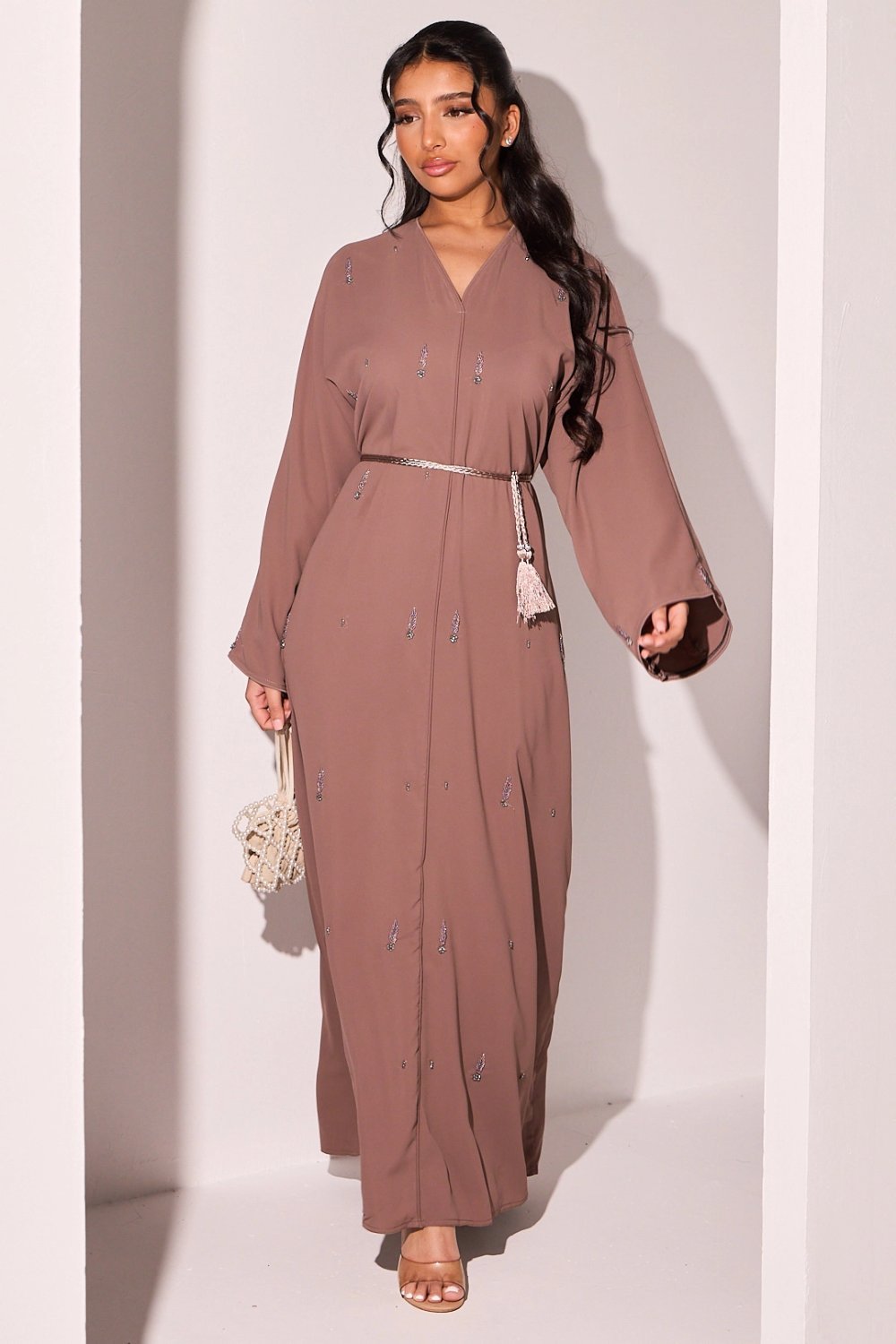Brown abaya with ear and flower rhinestones