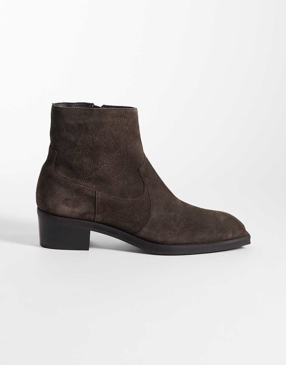 Bottines en daim à talon cubain et détail style western - Marron
