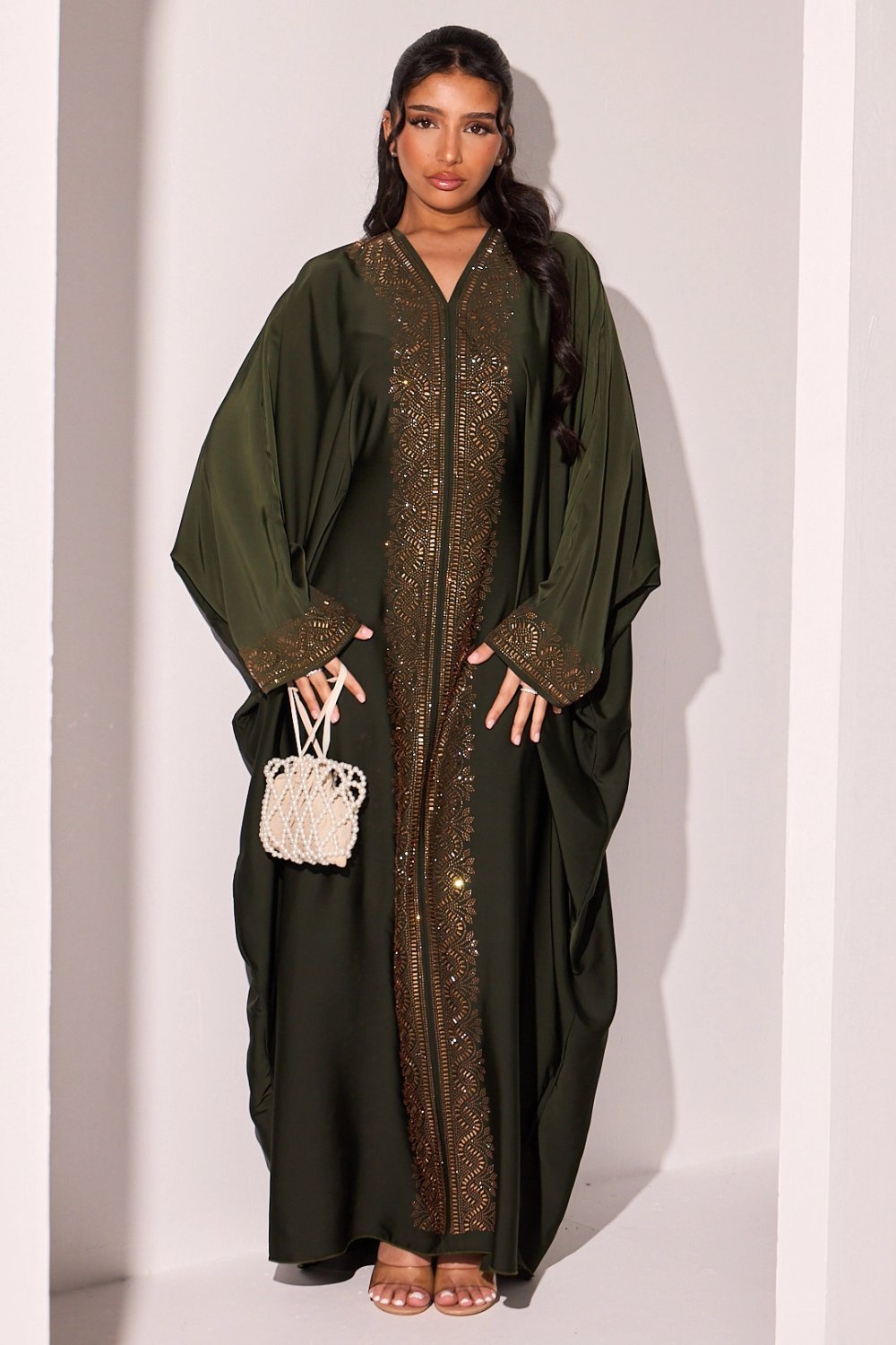 Khaki abaya with rectangle rhinestone stripes