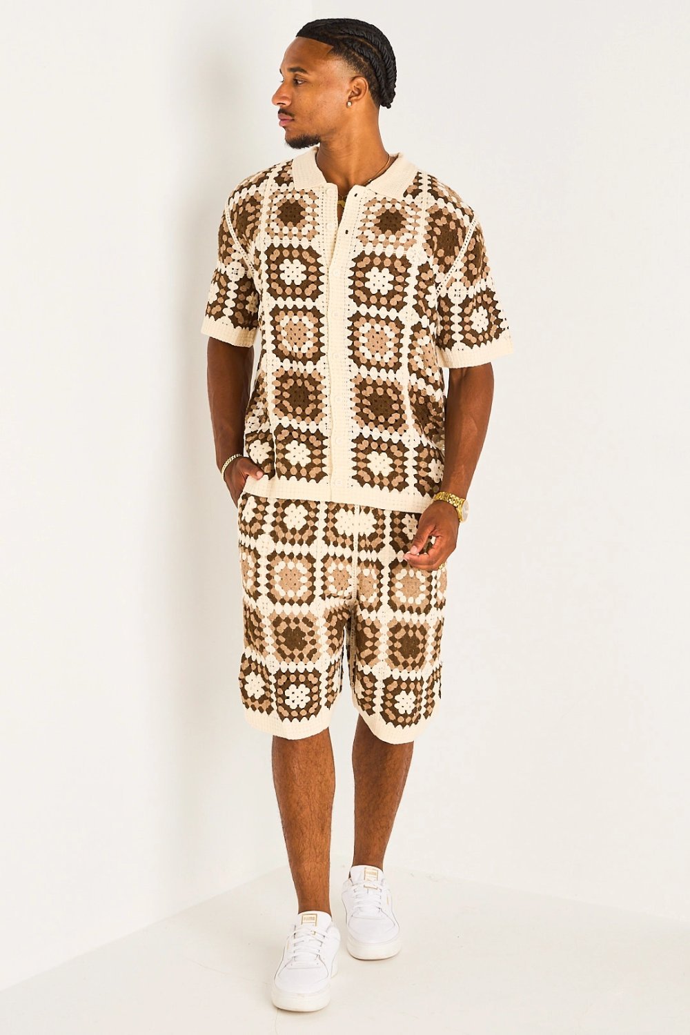Ensemble chemise et short crochet à carreaux marron
