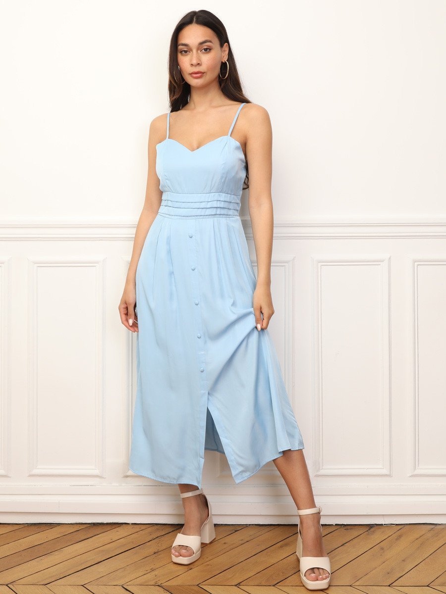 Light blue strappy maxi dress with buttons and split