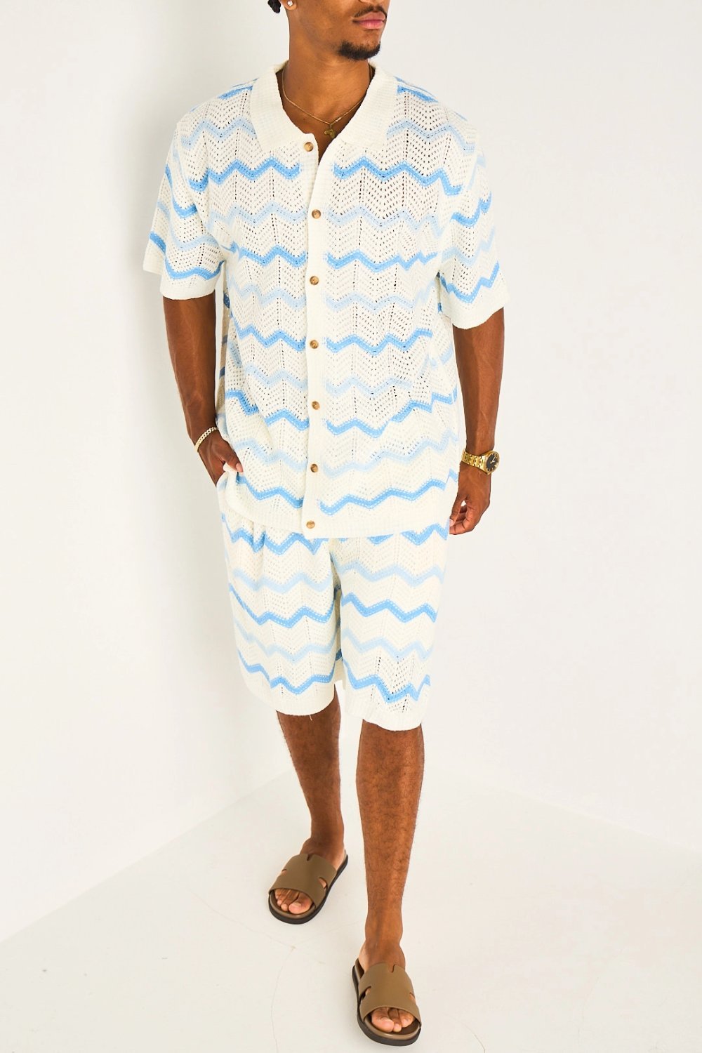 Ensemble chemise w short crochet géométrique bleu