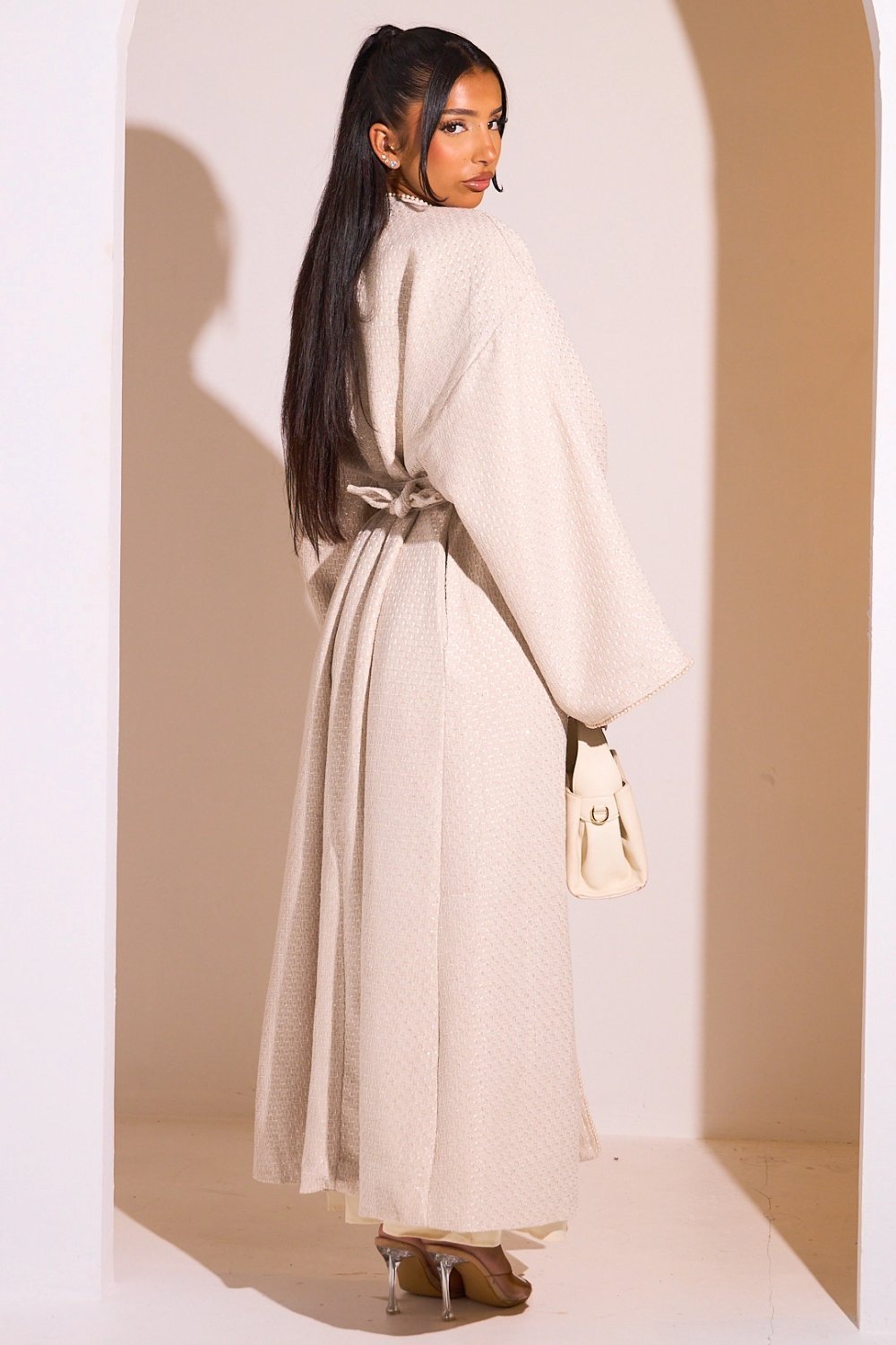 Beige belted openwork kimono with pearls