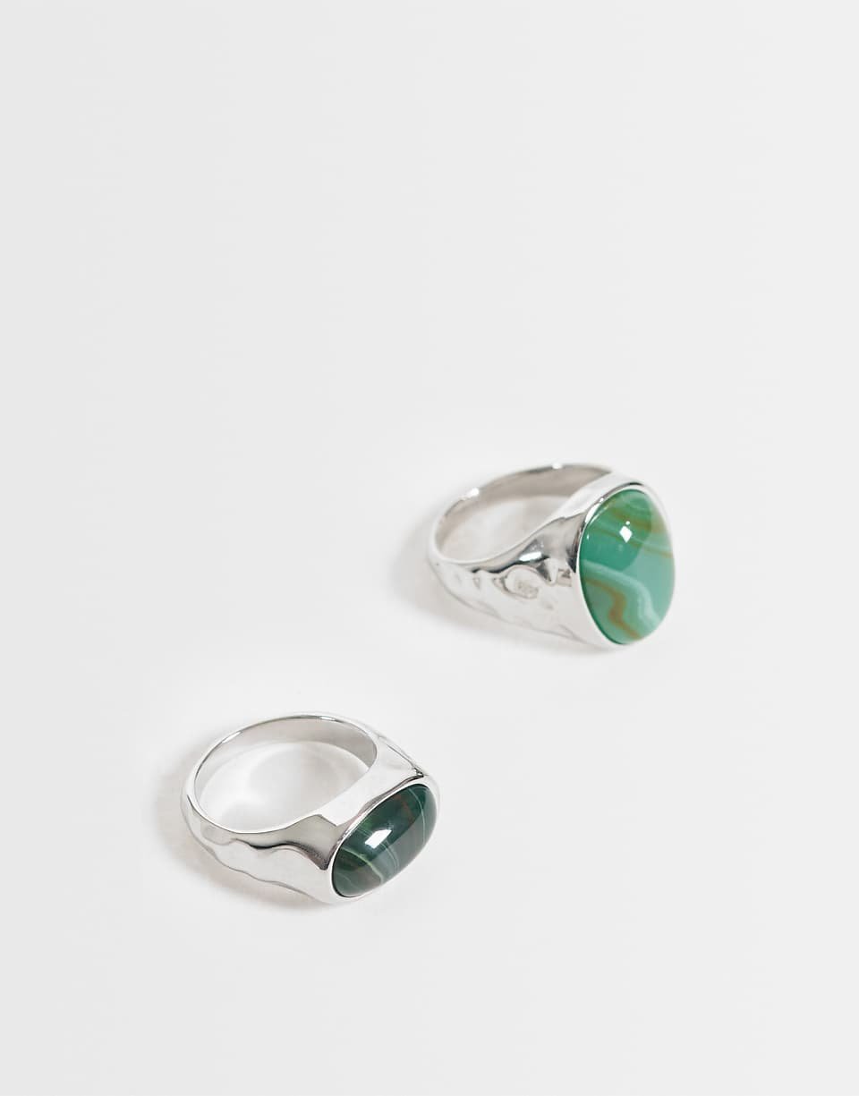Bague en acier inoxydable imperméable lot de 2 effet pierre semi-précieuse argentée