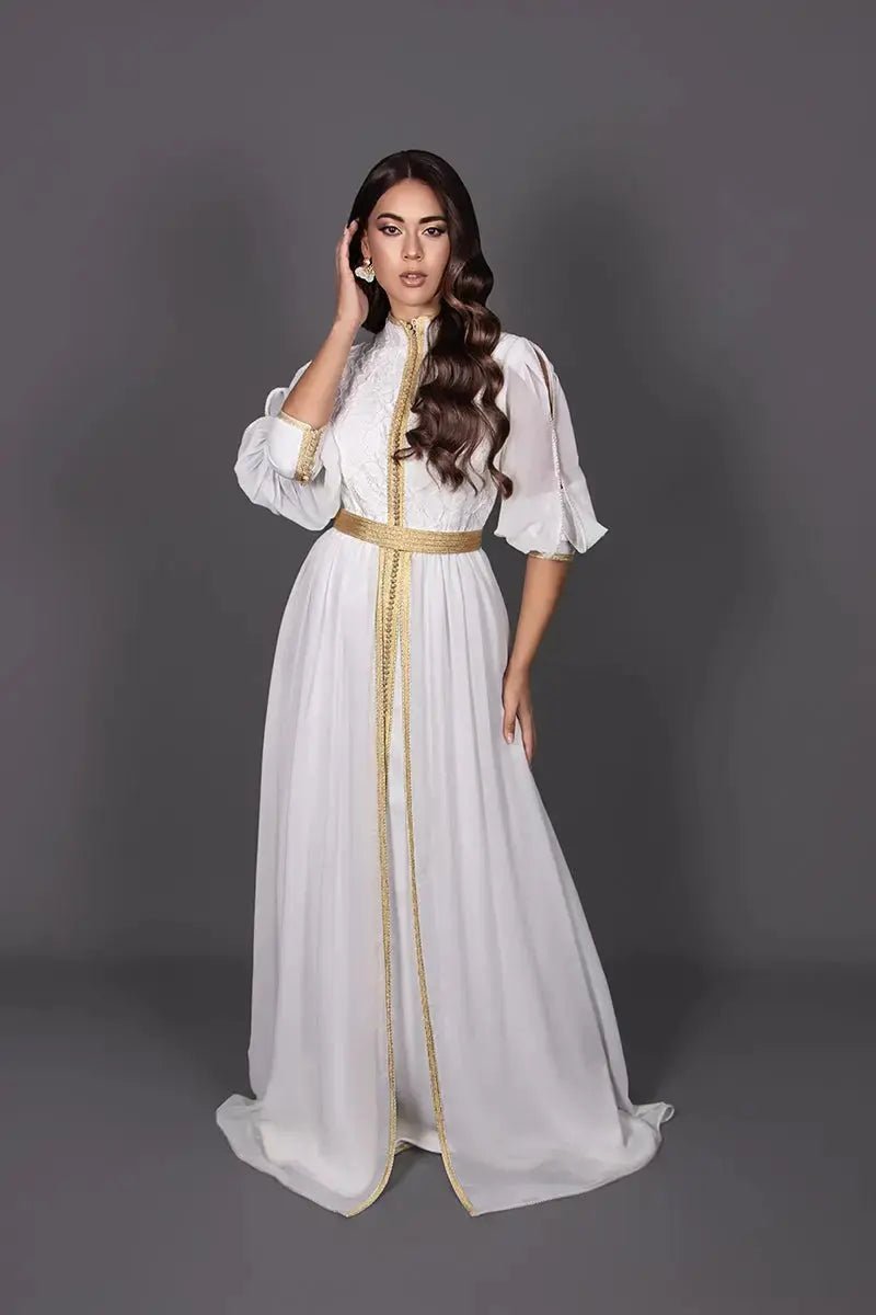 White lace caftan with high collar and gold sfifa