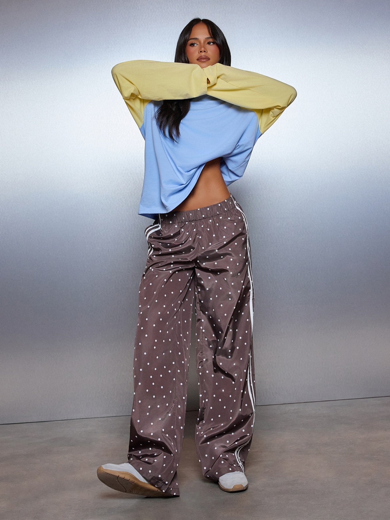 Polka dot wide leg trousers with side stripe