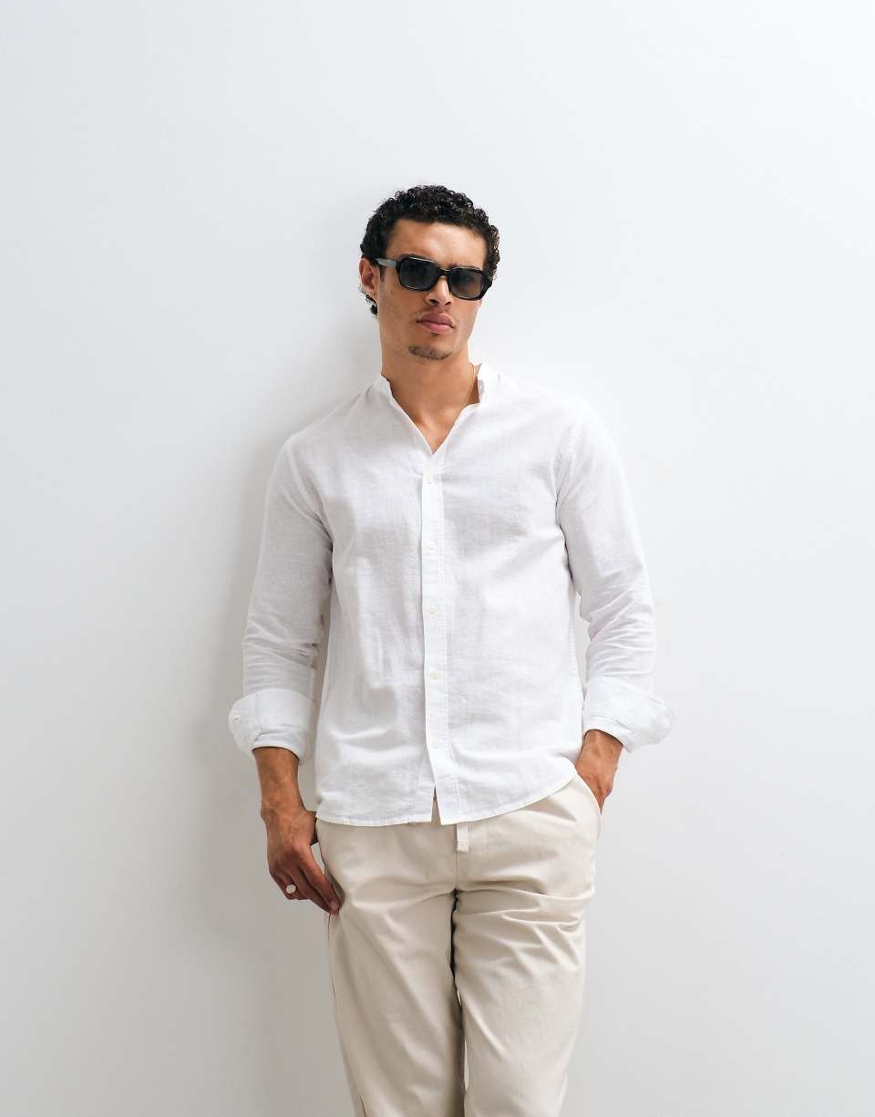 Chemise à col grand-père en lin mélangé - Blanc