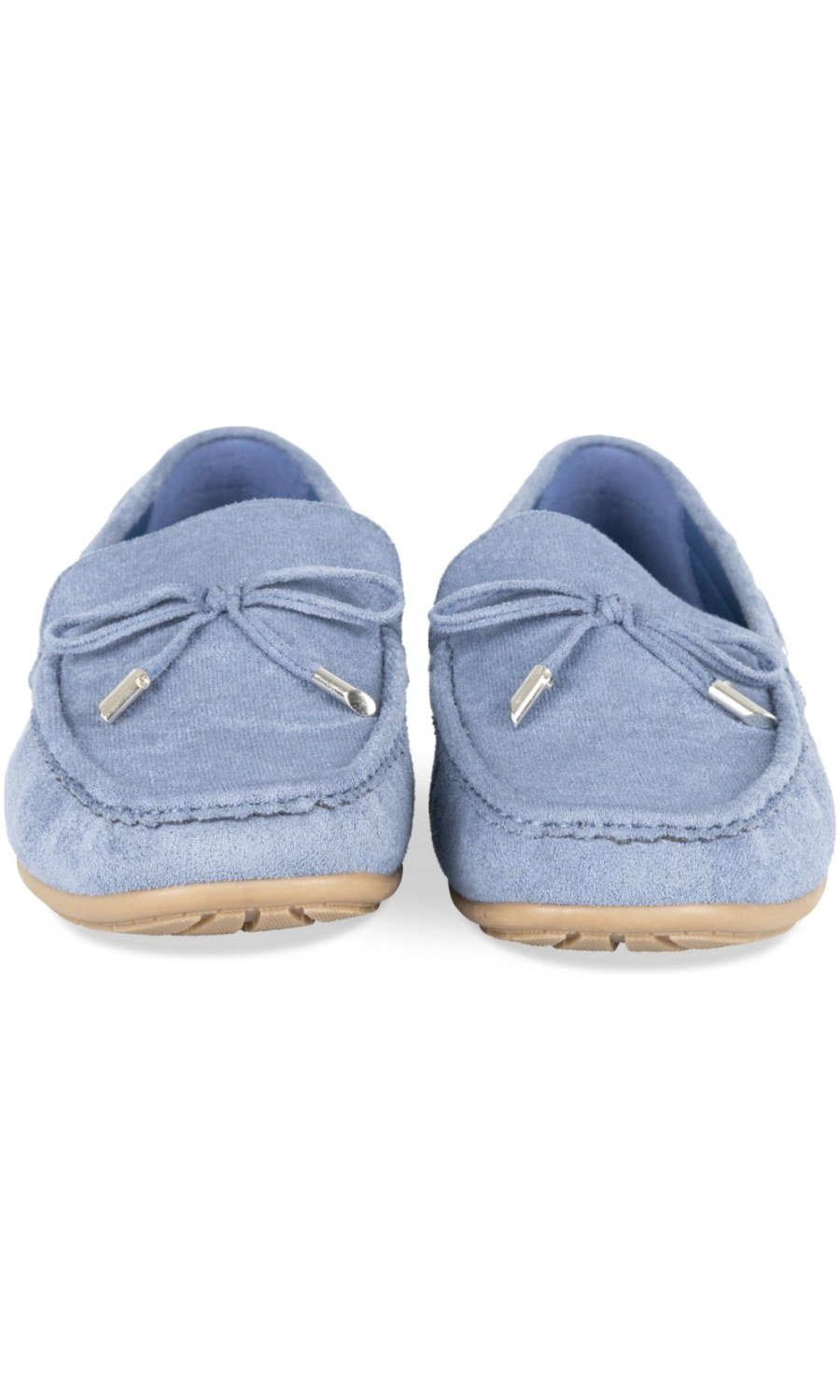 Sky blue suede-effect bow loafers