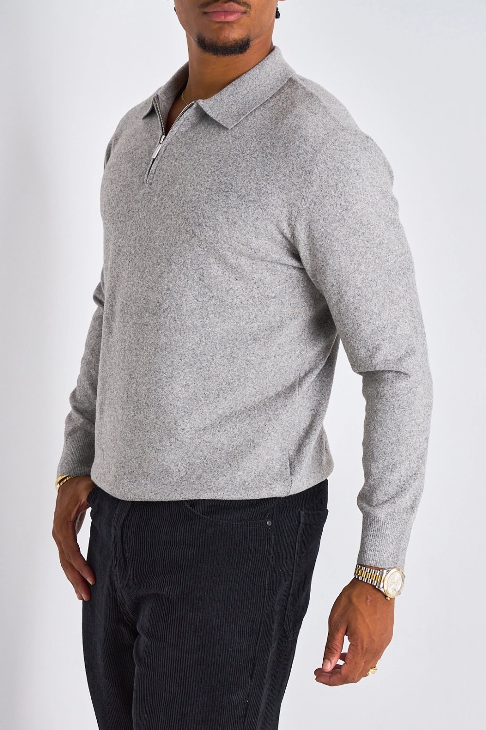 Pull demi-zip à col rabat gris