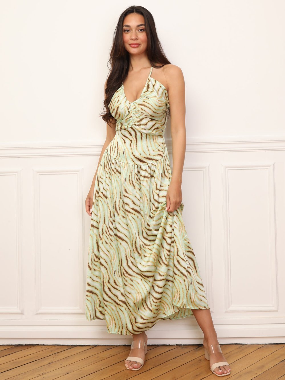 Light green zebra print satin maxi dress