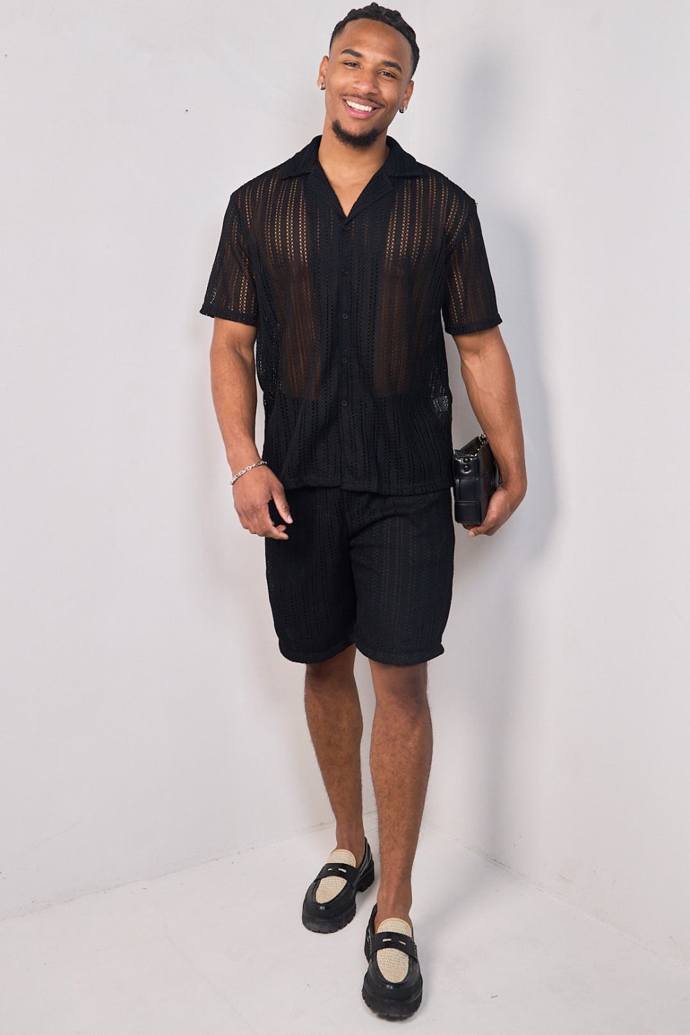 Black knit shirt and shorts set