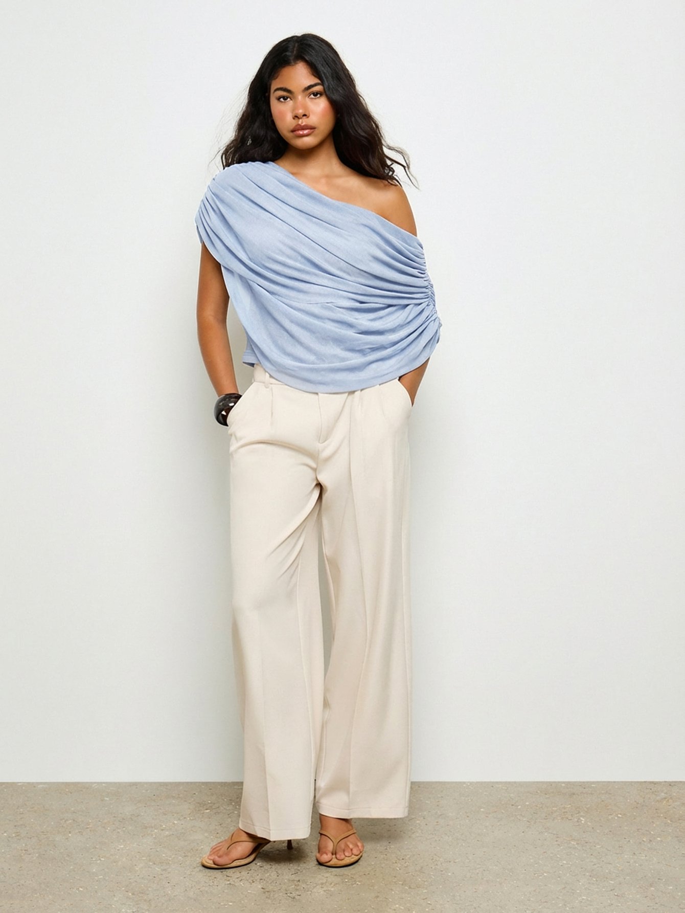 Draped off-shoulder ruched jersey top