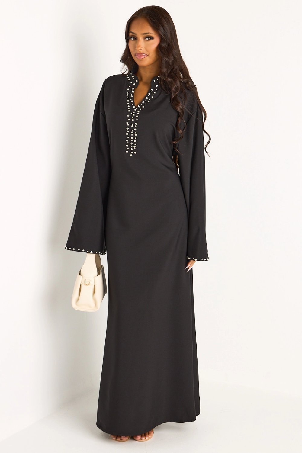 Black V-neck abaya with rhinestones